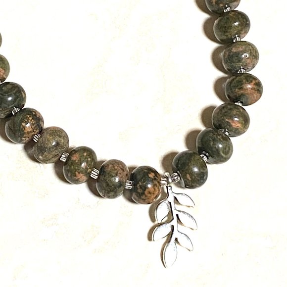 Cute Unakite Stone Silver Leaf Branch Necklace, Genuine Gemstone Beaded Necklace - Picture 5 of 9